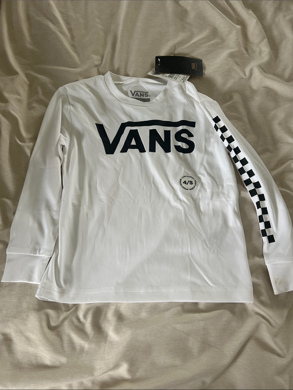Vans White Long-Sleeve Tee with Black Logo & Checker Sleeve. Swim shirt